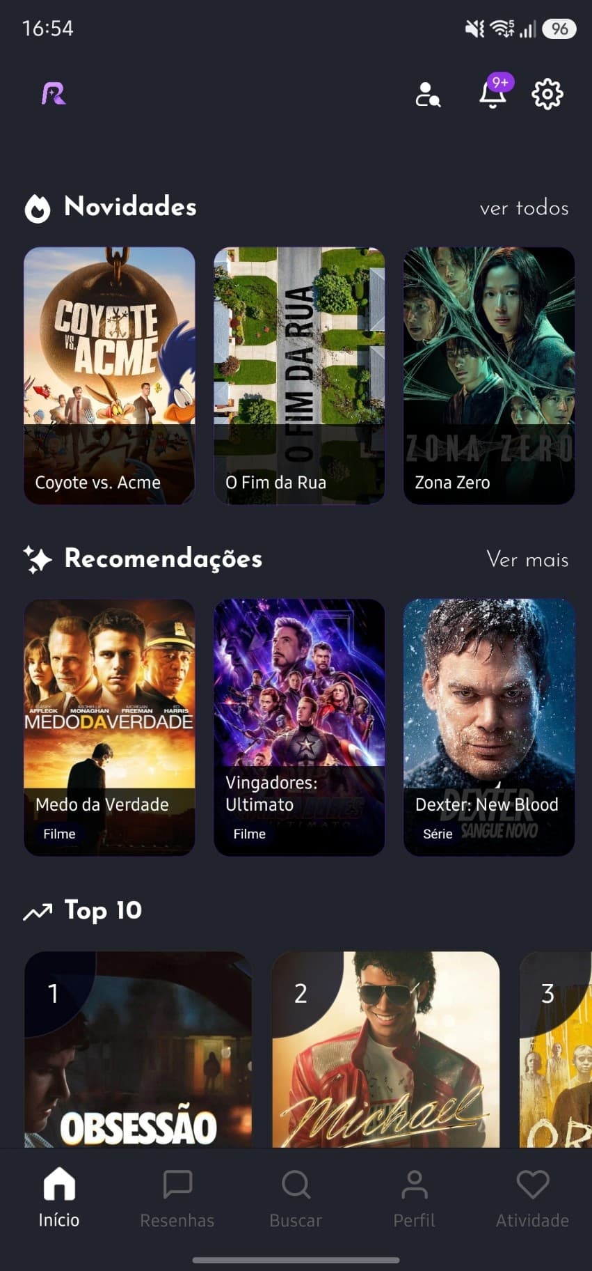 Tela inicial da aplicação Recomendaê com novidades, ranking e feed